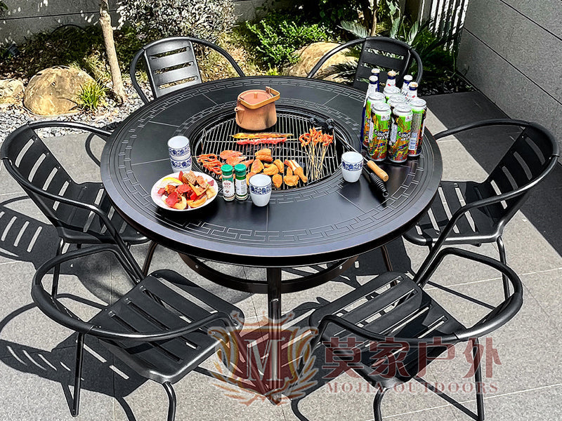 MOJIA Evander Cast Aluminum Outdoor Dining Set with Integrated Grill from MOJIA