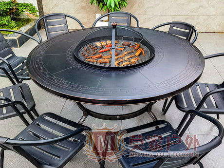 MOJIA Evander Cast Aluminum Outdoor Dining Set with Integrated Grill from MOJIA