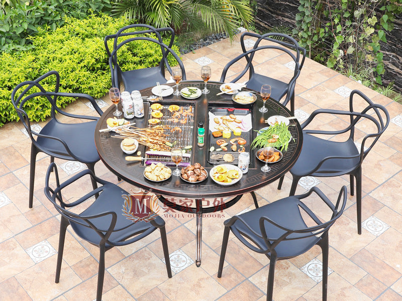 MOJIA Evander Cast Aluminum Outdoor Dining Set with Integrated Grill from MOJIA