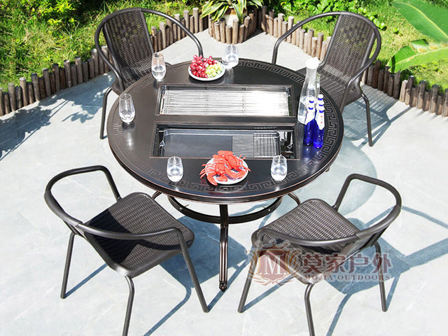 MOJIA Evander Cast Aluminum Outdoor Dining Set with Integrated Grill from MOJIA