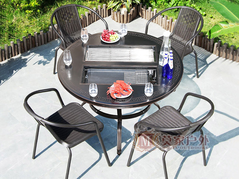 MOJIA Evander Cast Aluminum Outdoor Dining Set with Integrated Grill from MOJIA