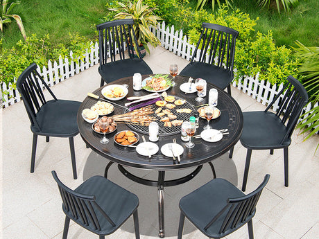 MOJIA Evander Cast Aluminum Outdoor Dining Set with Integrated Grill from MOJIA