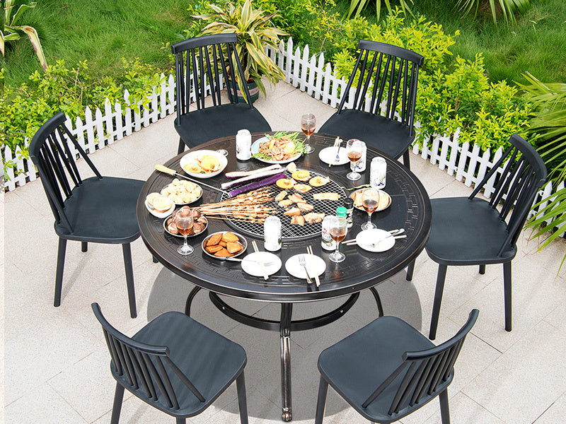 MOJIA Evander Cast Aluminum Outdoor Dining Set with Integrated Grill from MOJIA