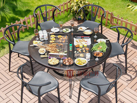 MOJIA Evander Cast Aluminum Outdoor Dining Set with Integrated Grill from MOJIA