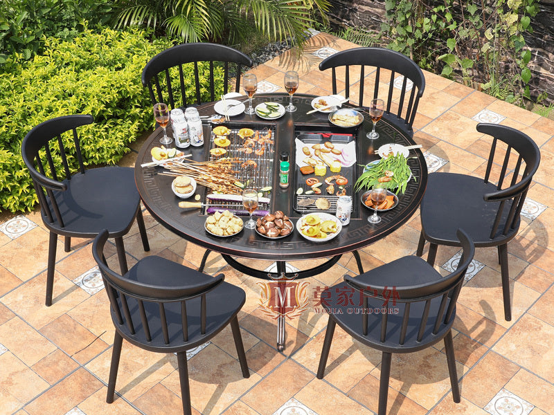 MOJIA Evander Cast Aluminum Outdoor Dining Set with Integrated Grill from MOJIA