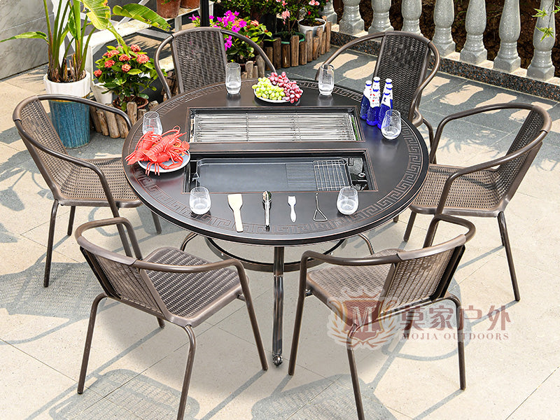 MOJIA Evander Cast Aluminum Outdoor Dining Set with Integrated Grill from MOJIA