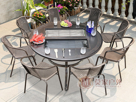 MOJIA Evander Cast Aluminum Outdoor Dining Set with Integrated Grill from MOJIA