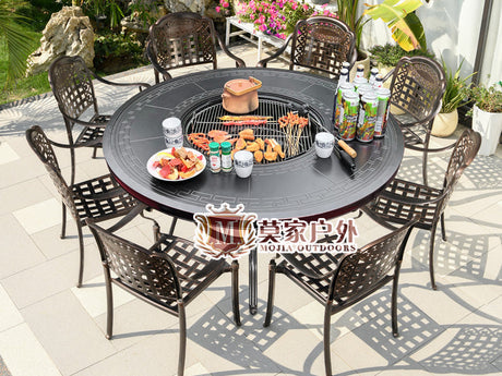 MOJIA Evander Cast Aluminum Outdoor Dining Set with Integrated Grill from MOJIA