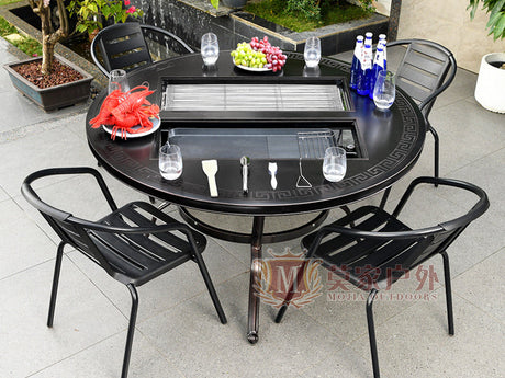 MOJIA Evander Cast Aluminum Outdoor Dining Set with Integrated Grill from MOJIA