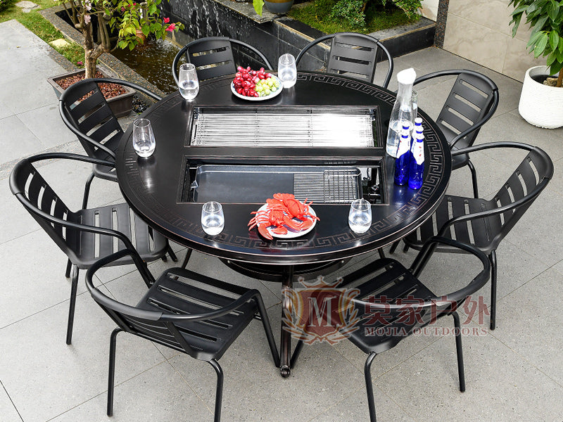 MOJIA Evander Cast Aluminum Outdoor Dining Set with Integrated Grill from MOJIA