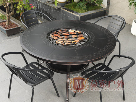 MOJIA Evander Cast Aluminum Outdoor Dining Set with Integrated Grill from MOJIA