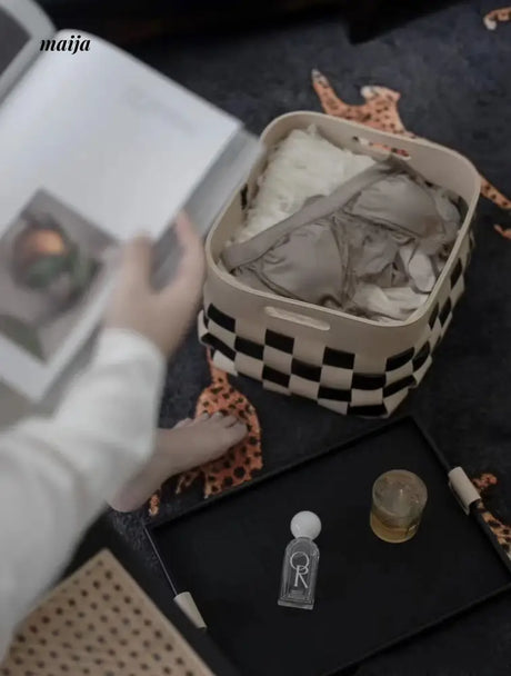 Saddle Checkerboard Woven Leather Basket from maija